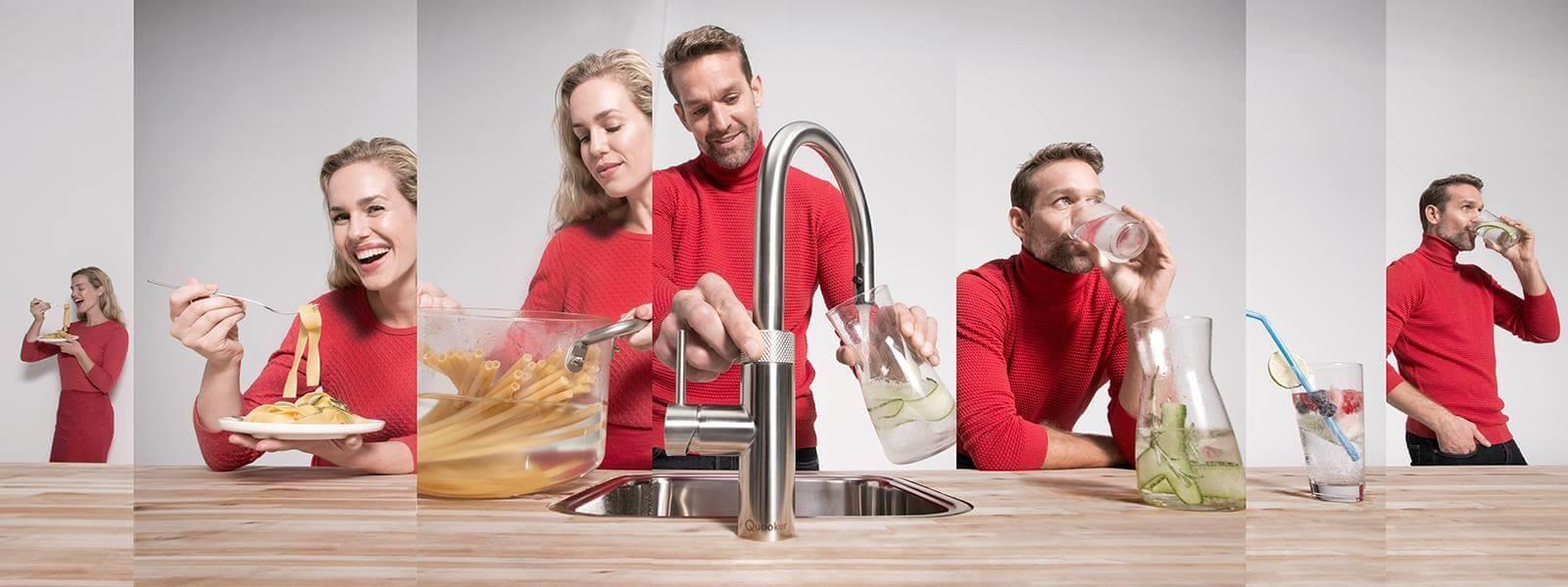 Zusammenschnitt von Bildern mit Mann und Frau bei Benutzung der Küchenarmaturen